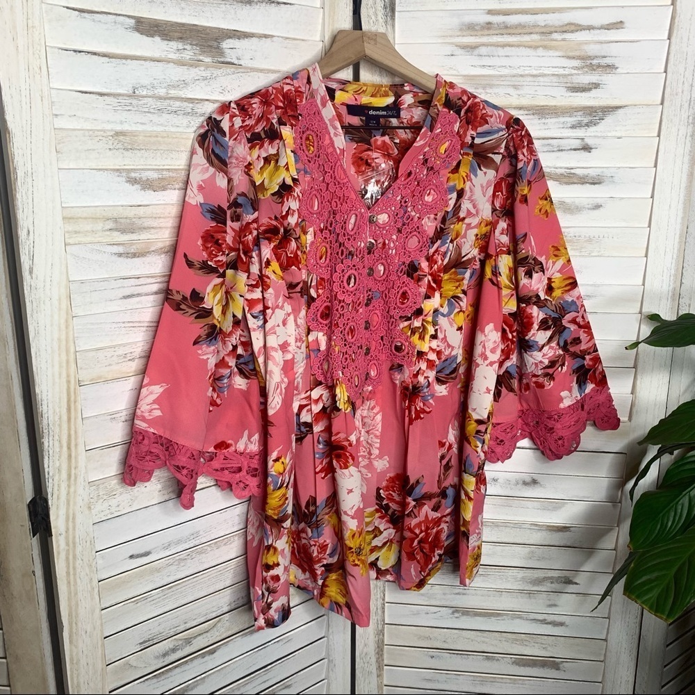 ROAMAN'S Juliet Lace Bigshirt Long Shirt Blouse Multicolor Floral Print Pink 12W - Picture 5 of 10